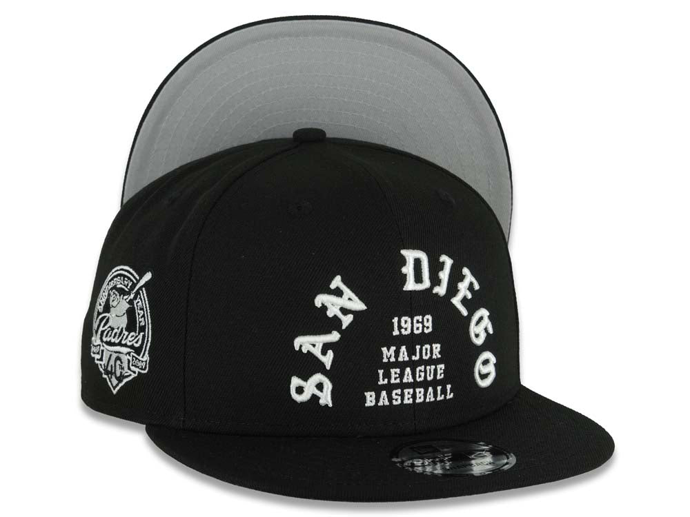San Diego Padres New Era MLB 9FIFTY 950 Snapback Cap Hat Black Crown/Visor White 1969 Major League Baseball Logo 40th Anniversary Side Patch Gray UV