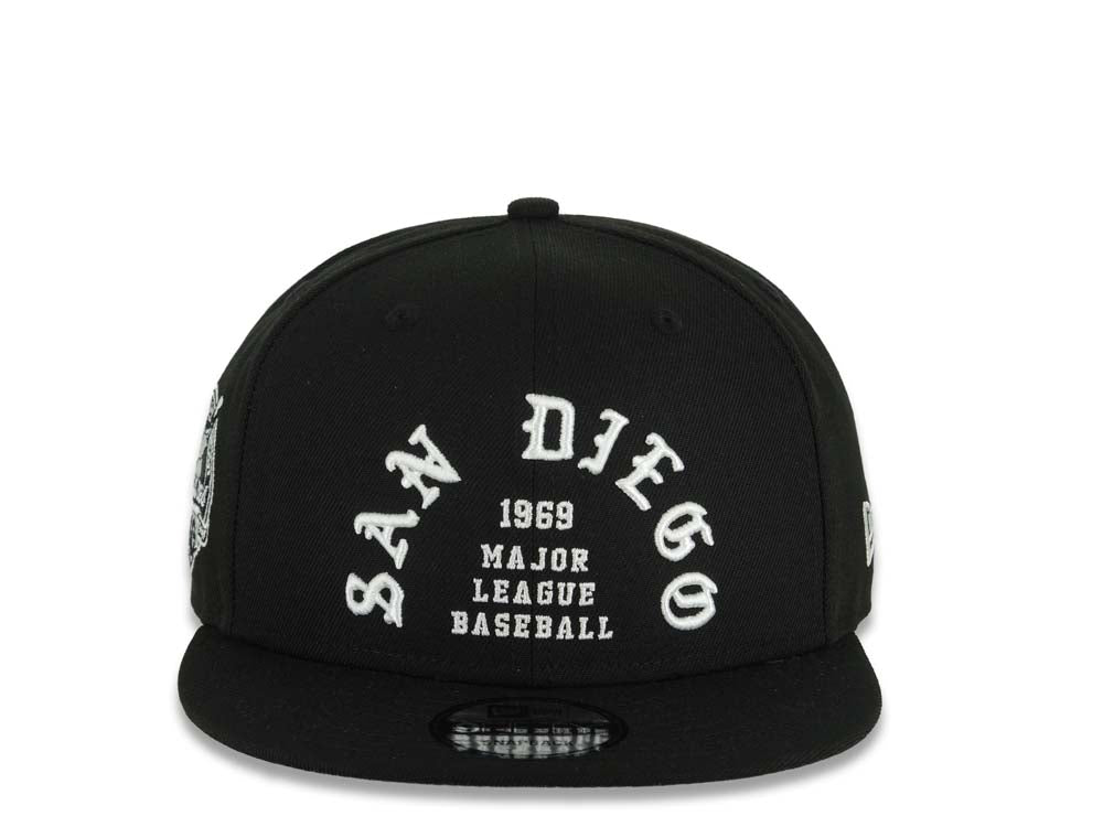 San Diego Padres New Era MLB 9FIFTY 950 Snapback Cap Hat Black Crown/Visor White 1969 Major League Baseball Logo 40th Anniversary Side Patch Gray UV