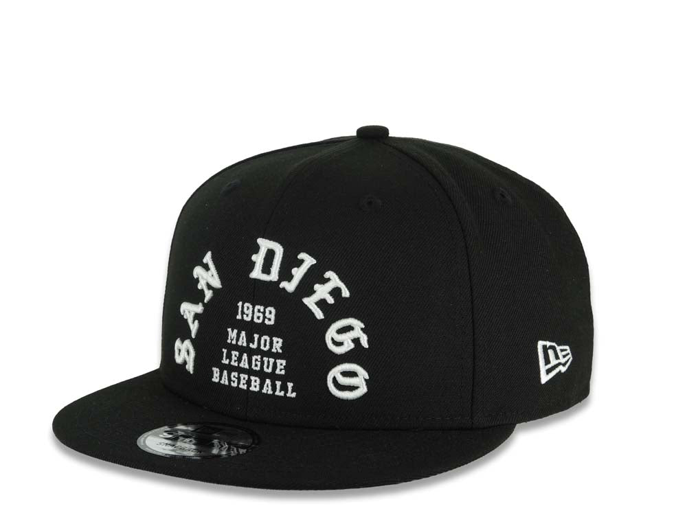 San Diego Padres New Era MLB 9FIFTY 950 Snapback Cap Hat Black Crown/Visor White 1969 Major League Baseball Logo 40th Anniversary Side Patch Gray UV