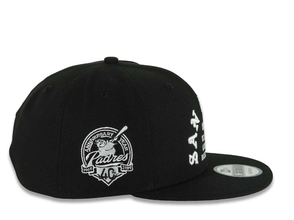 San Diego Padres New Era MLB 9FIFTY 950 Snapback Cap Hat Black Crown/Visor White 1969 Major League Baseball Logo 40th Anniversary Side Patch Gray UV