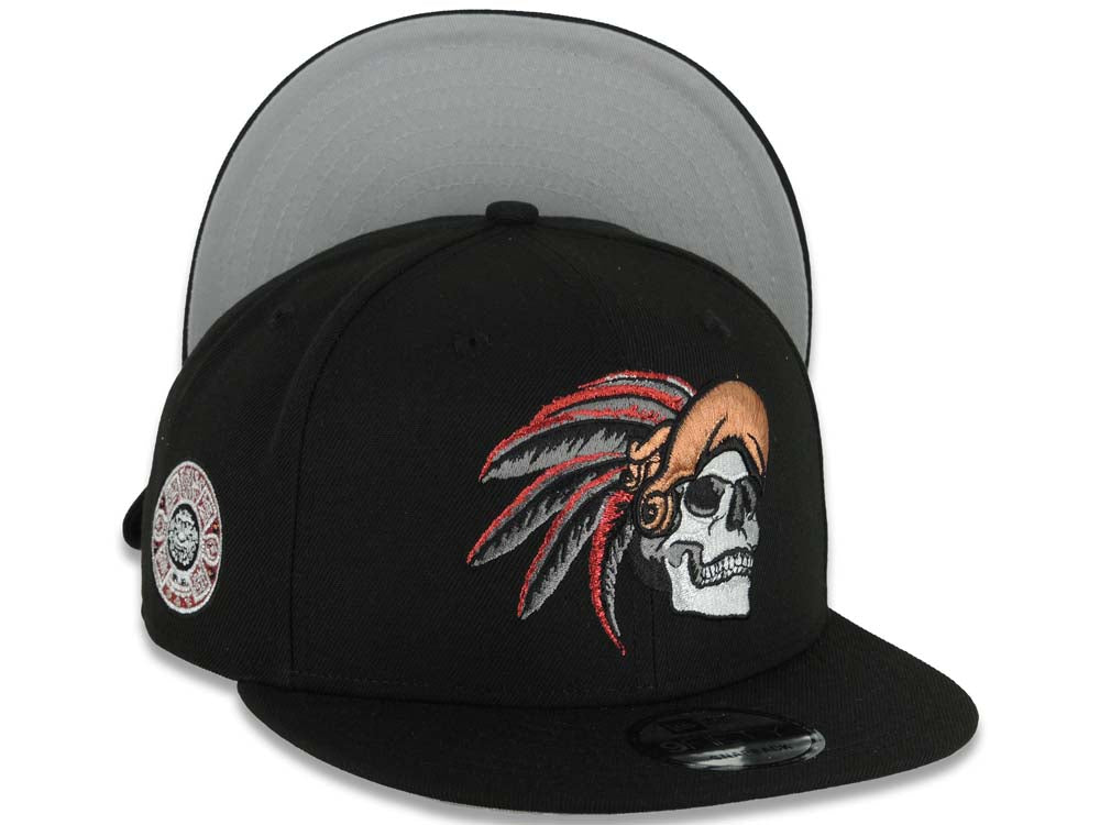 Mexico New Era 9FIFTY 950 Snapback Cap Hat Black Crown/Visor White/Metallic Brown/Metallic Red Skull Logo Aztec Calendar Side Patch Gray UV