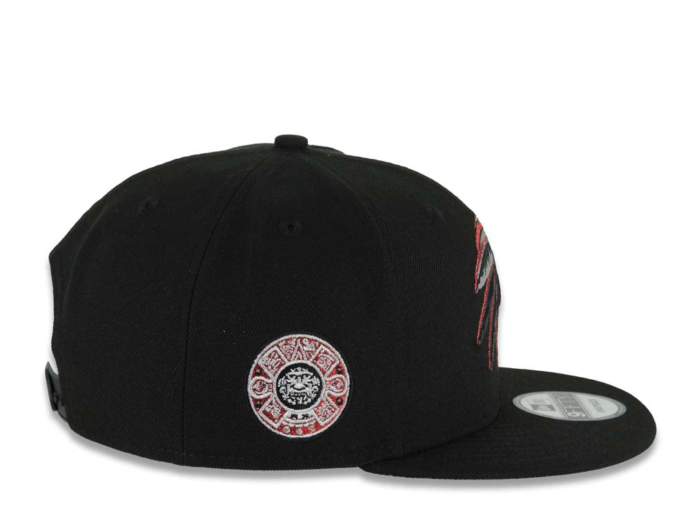Mexico New Era 9FIFTY 950 Snapback Cap Hat Black Crown/Visor White/Metallic Brown/Metallic Red Skull Logo Aztec Calendar Side Patch Gray UV