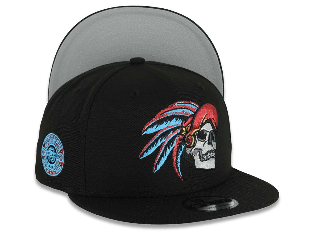 Mexico New Era 9FIFTY 950 Snapback Cap Hat Black Crown/Visor White/Metallic Red/Blue Skull Logo Aztec Calendar Side Patch Gray UV