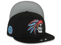 Mexico New Era 9FIFTY 950 Snapback Cap Hat Black Crown/Visor White/Metallic Red/Blue Skull Logo Aztec Calendar Side Patch Gray UV