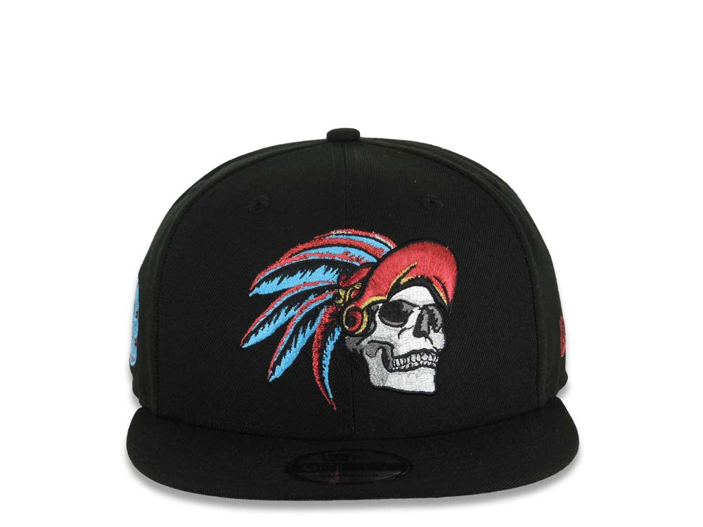Mexico New Era 9FIFTY 950 Snapback Cap Hat Black Crown/Visor White/Metallic Red/Blue Skull Logo Aztec Calendar Side Patch Gray UV