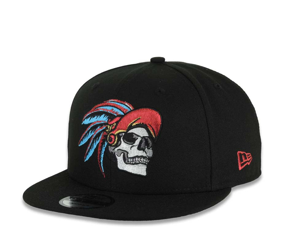 Mexico New Era 9FIFTY 950 Snapback Cap Hat Black Crown/Visor White/Metallic Red/Blue Skull Logo Aztec Calendar Side Patch Gray UV