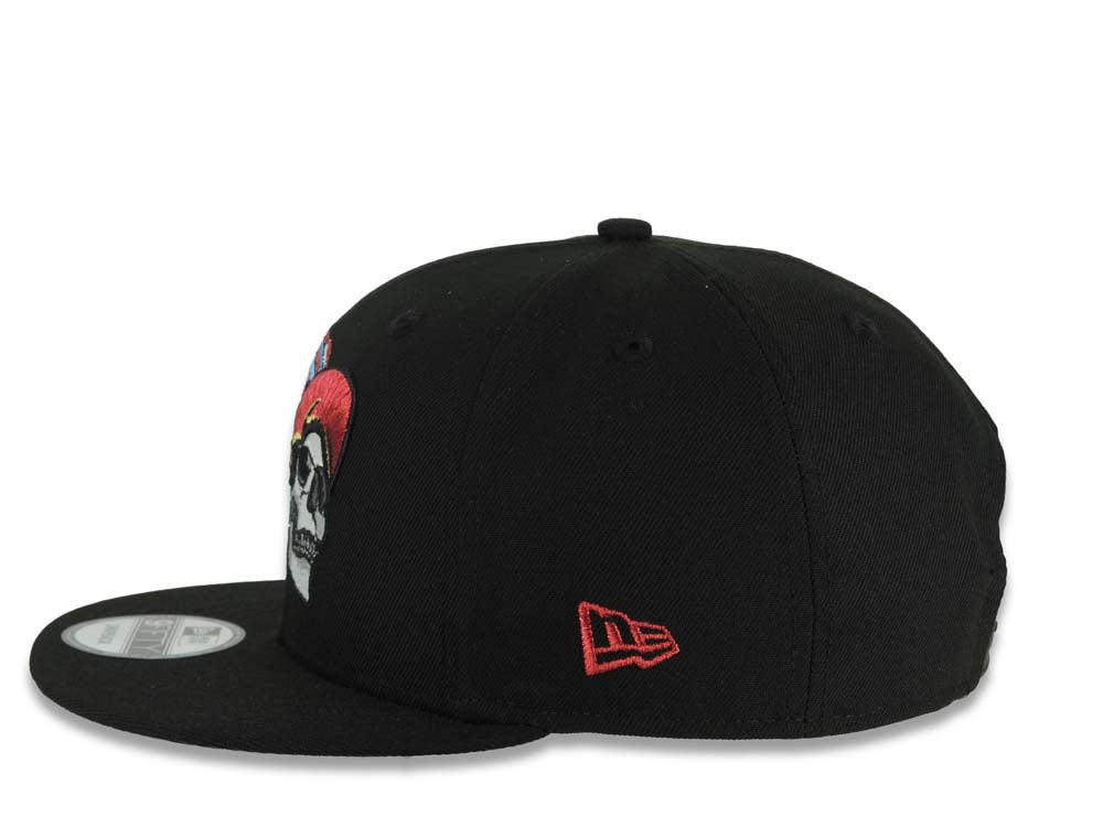 Mexico New Era 9FIFTY 950 Snapback Cap Hat Black Crown/Visor White/Metallic Red/Blue Skull Logo Aztec Calendar Side Patch Gray UV