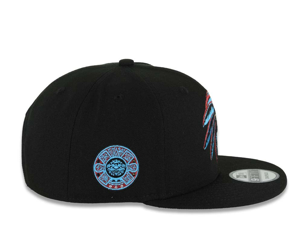 Mexico New Era 9FIFTY 950 Snapback Cap Hat Black Crown/Visor White/Metallic Red/Blue Skull Logo Aztec Calendar Side Patch Gray UV