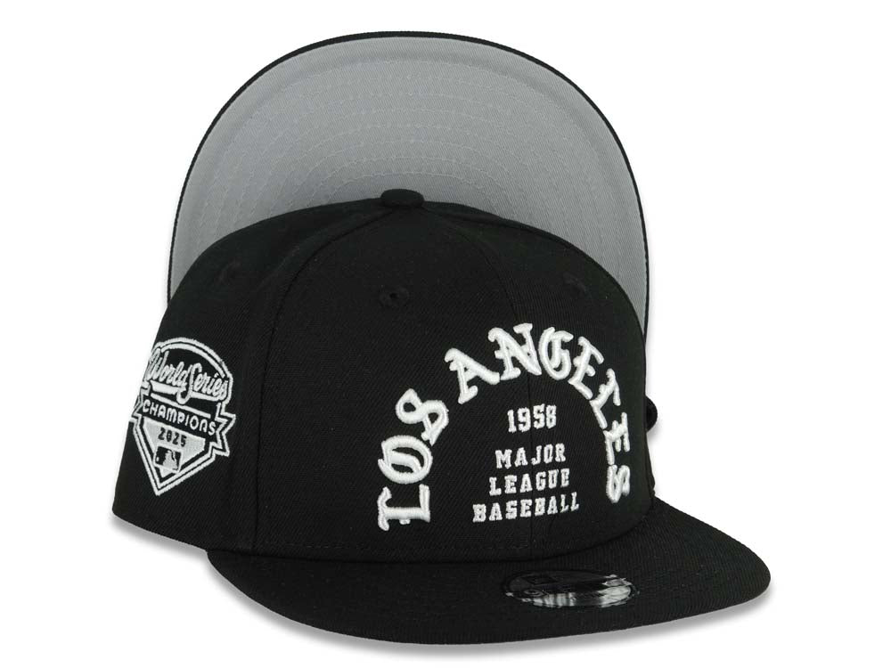 (Youth) Los Angeles Dodgers New Era MLB 9FIFTY 950 Snapback Cap Hat Black Crown/Visor White 1958 Major League Baseball Logo 2025 Champions Side Patch