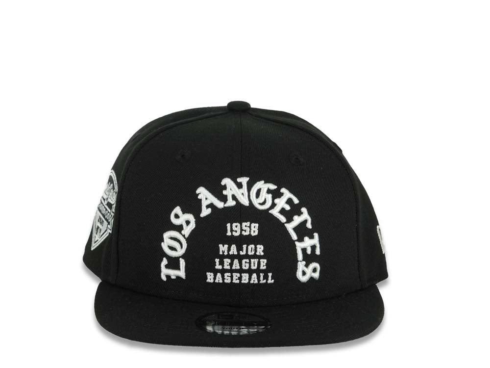 (Youth) Los Angeles Dodgers New Era MLB 9FIFTY 950 Snapback Cap Hat Black Crown/Visor White 1958 Major League Baseball Logo 2025 Champions Side Patch