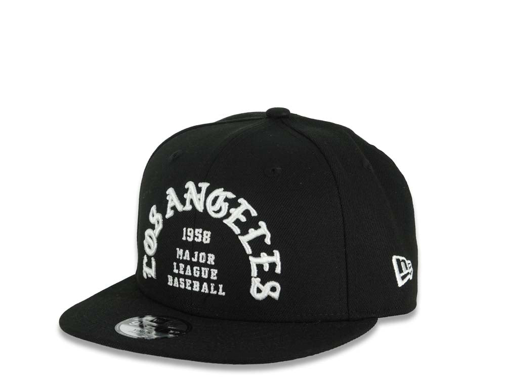 (Youth) Los Angeles Dodgers New Era MLB 9FIFTY 950 Snapback Cap Hat Black Crown/Visor White 1958 Major League Baseball Logo 2025 Champions Side Patch