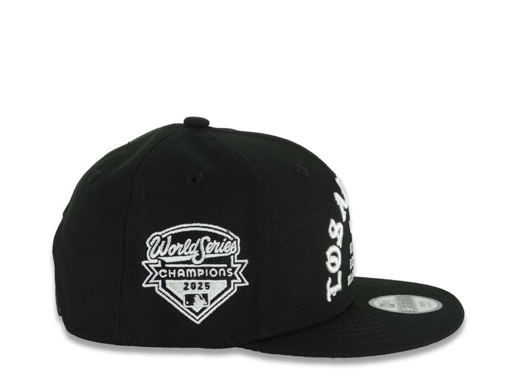 (Youth) Los Angeles Dodgers New Era MLB 9FIFTY 950 Snapback Cap Hat Black Crown/Visor White 1958 Major League Baseball Logo 2025 Champions Side Patch
