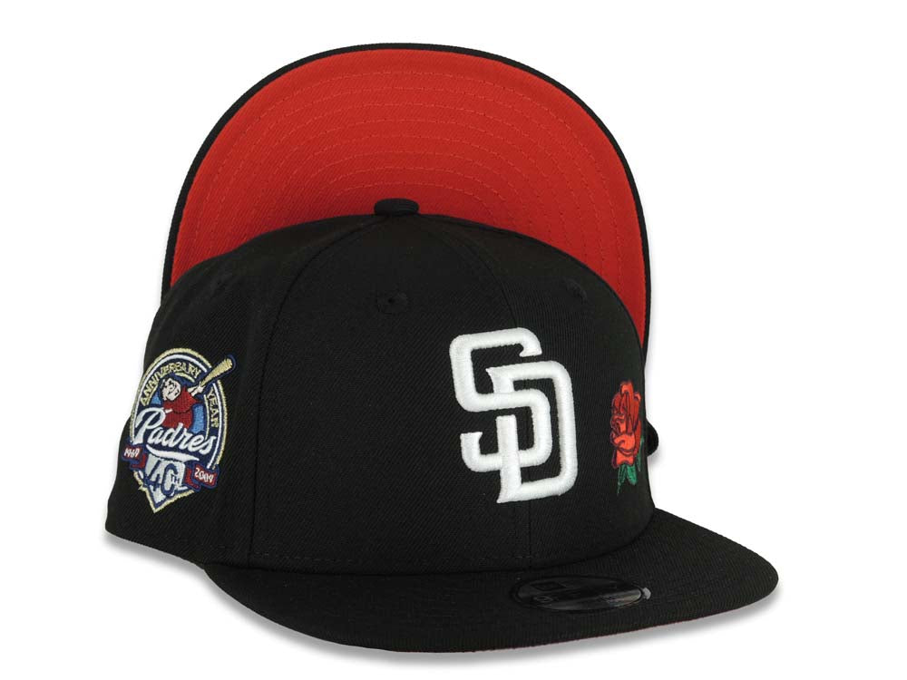(Youth) San Diego Padres New Era MLB 9FIFTY 950 Snapback Cap Hat Black Crown/Visor White Logo With Rose 40th Anniversary Side Patch Red UV