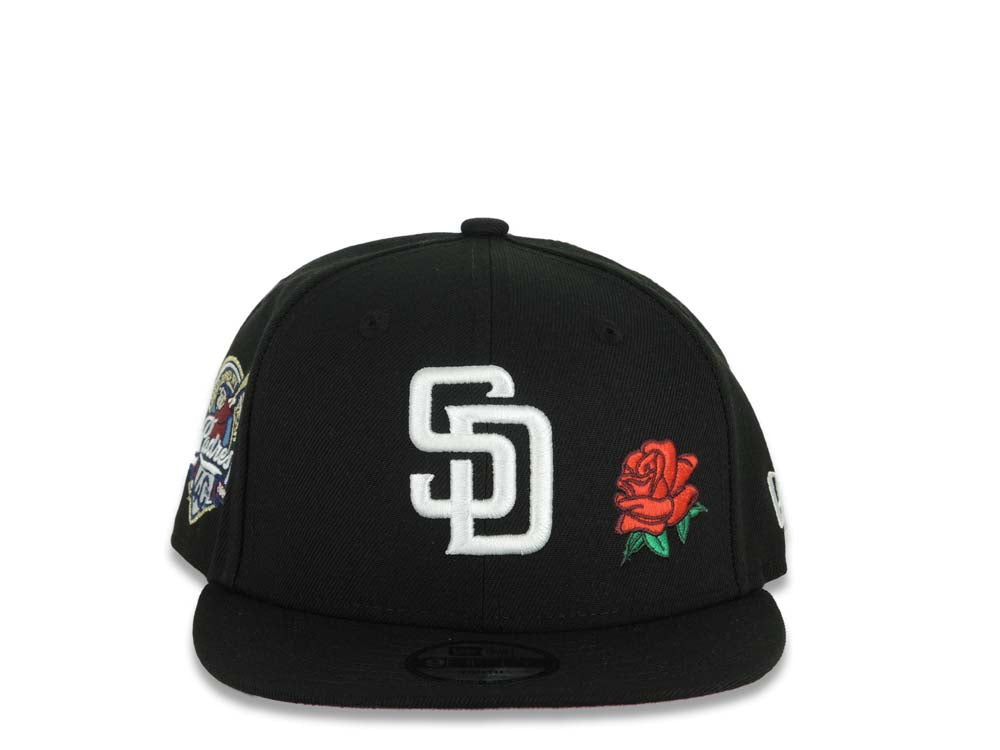 (Youth) San Diego Padres New Era MLB 9FIFTY 950 Snapback Cap Hat Black Crown/Visor White Logo With Rose 40th Anniversary Side Patch Red UV