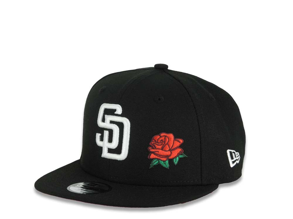 (Youth) San Diego Padres New Era MLB 9FIFTY 950 Snapback Cap Hat Black Crown/Visor White Logo With Rose 40th Anniversary Side Patch Red UV