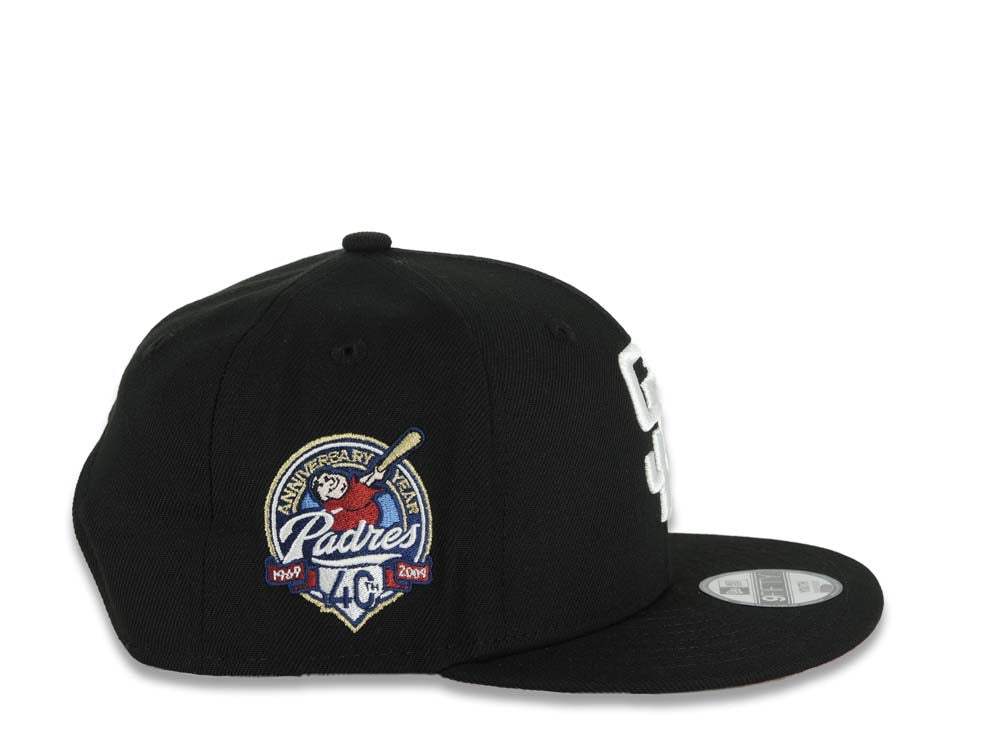 (Youth) San Diego Padres New Era MLB 9FIFTY 950 Snapback Cap Hat Black Crown/Visor White Logo With Rose 40th Anniversary Side Patch Red UV