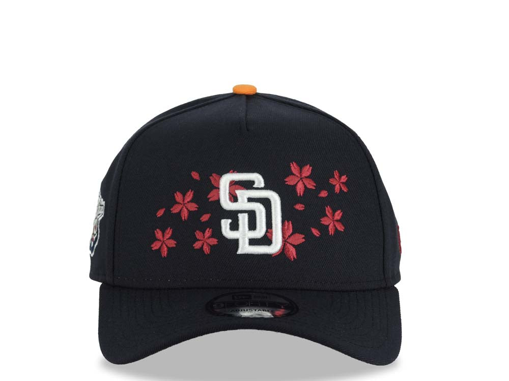 San Diego Padres New Era MLB 9FORTY 940 Adjustable A-Frame Cap Navy Crown/Visor White Logo With Hot Pink Cherry Blossoms 1998 World Series Side Patch