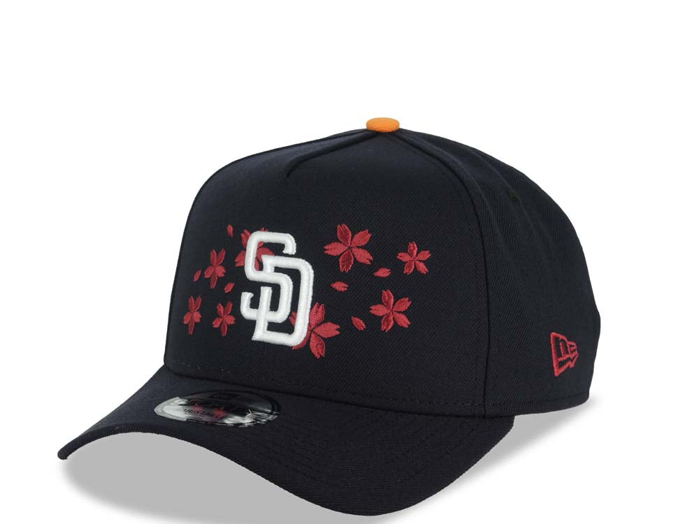 San Diego Padres New Era MLB 9FORTY 940 Adjustable A-Frame Cap Navy Crown/Visor White Logo With Hot Pink Cherry Blossoms 1998 World Series Side Patch