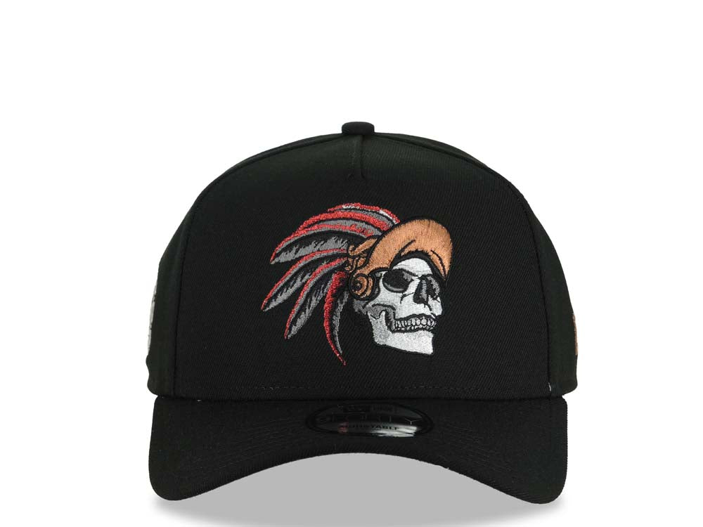 Mexico New Era 9FORTY 940 Adjustable A-Frame Cap Hat Black Crown/Visor White/Metallic Brown Skull Logo Aztec Calendar Side Patch Gray UV