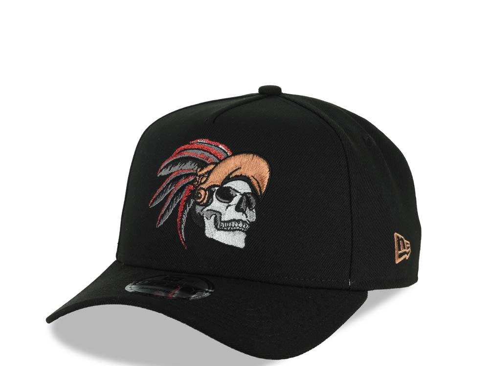 Mexico New Era 9FORTY 940 Adjustable A-Frame Cap Hat Black Crown/Visor White/Metallic Brown Skull Logo Aztec Calendar Side Patch Gray UV