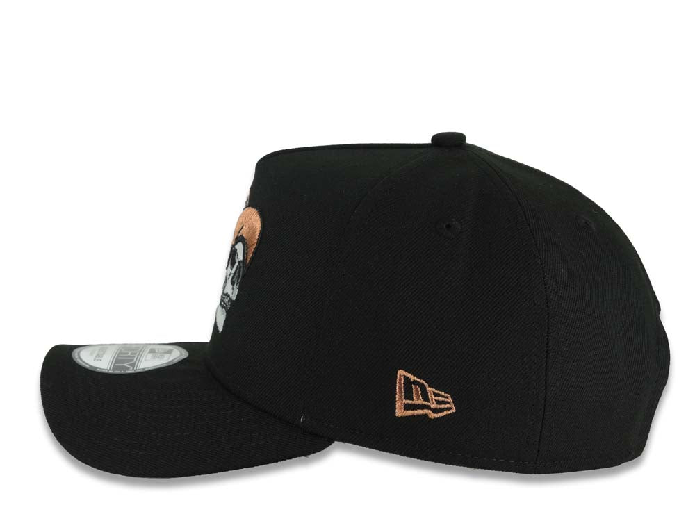 Mexico New Era 9FORTY 940 Adjustable A-Frame Cap Hat Black Crown/Visor White/Metallic Brown Skull Logo Aztec Calendar Side Patch Gray UV