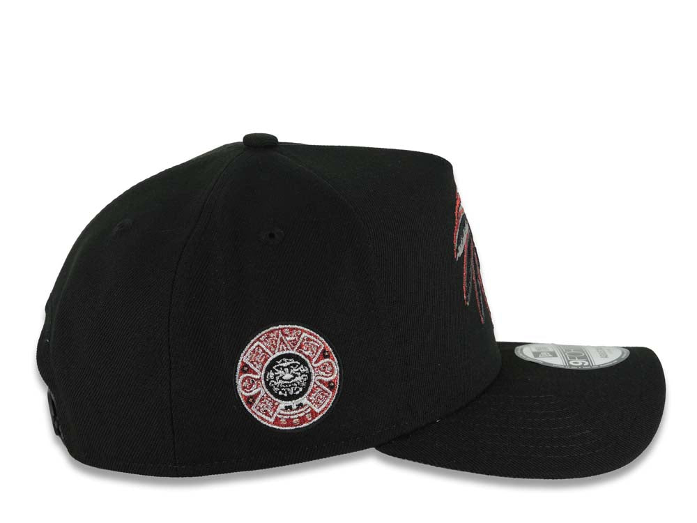 Mexico New Era 9FORTY 940 Adjustable A-Frame Cap Hat Black Crown/Visor White/Metallic Brown Skull Logo Aztec Calendar Side Patch Gray UV