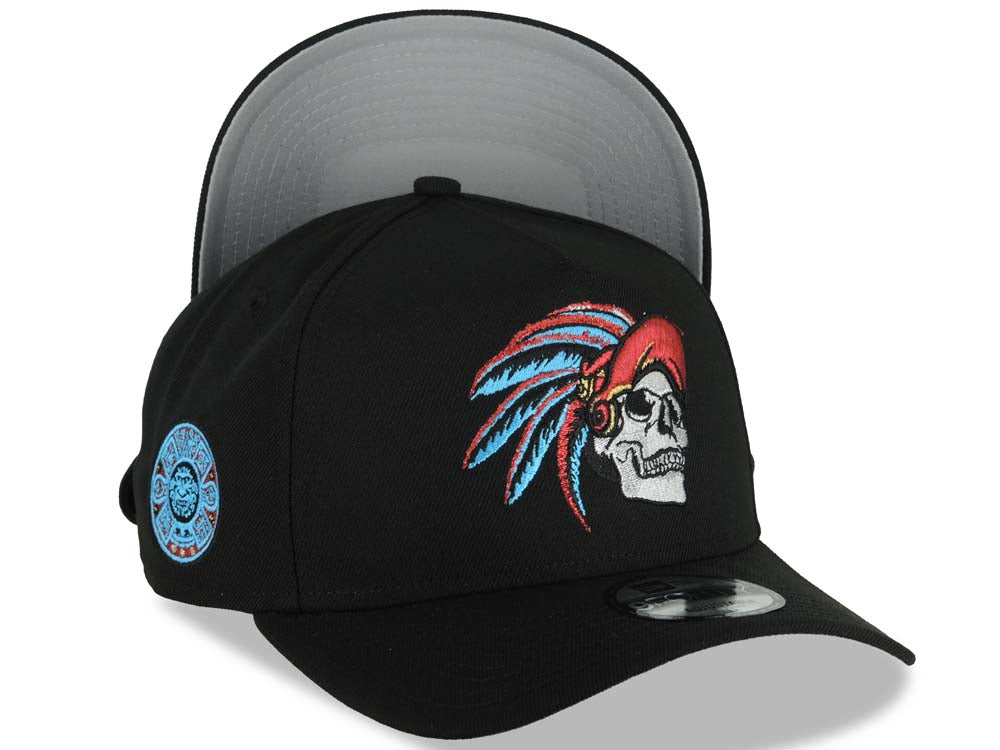 Mexico New Era 9FORTY 940 Adjustable A-Frame Cap Hat Black Crown/Visor White/Metallic Red/Blue Skull Logo Aztec Calendar Side Patch Gray UV
