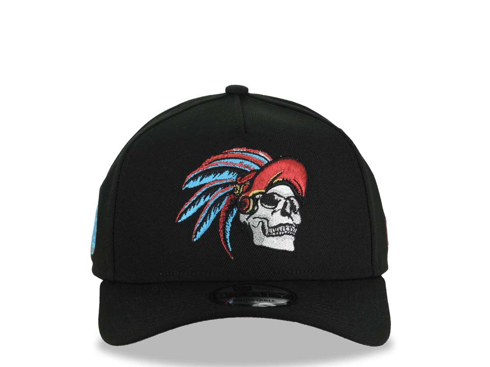 Mexico New Era 9FORTY 940 Adjustable A-Frame Cap Hat Black Crown/Visor White/Metallic Red/Blue Skull Logo Aztec Calendar Side Patch Gray UV