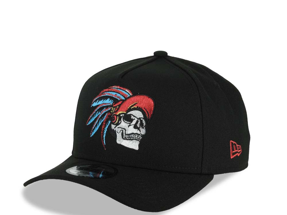 Mexico New Era 9FORTY 940 Adjustable A-Frame Cap Hat Black Crown/Visor White/Metallic Red/Blue Skull Logo Aztec Calendar Side Patch Gray UV