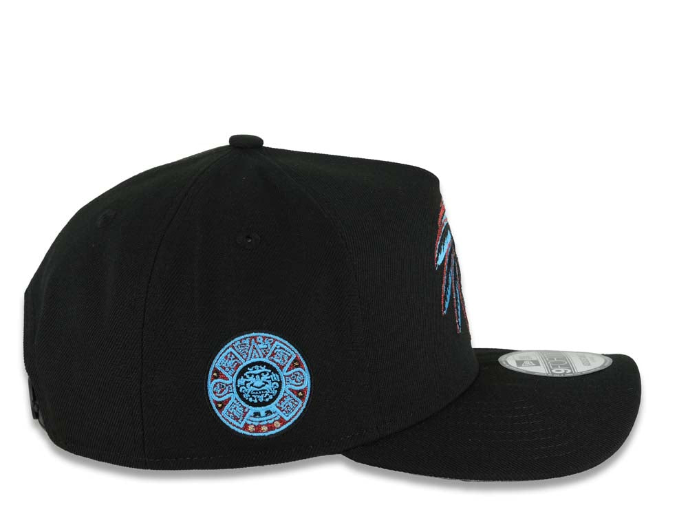 Mexico New Era 9FORTY 940 Adjustable A-Frame Cap Hat Black Crown/Visor White/Metallic Red/Blue Skull Logo Aztec Calendar Side Patch Gray UV