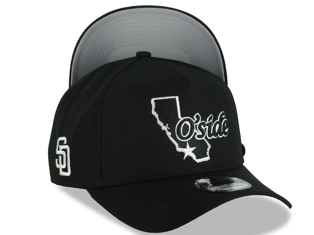 Oceanside California Map New Era 9FORTY 940 Adjustable A-Frame Cap Hat Black Crown/Visor Black/White Logo SD Logo Side Patch Gray UV