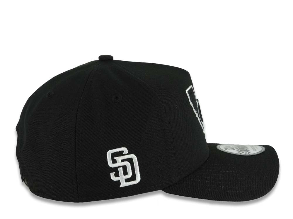 Oceanside California Map New Era 9FORTY 940 Adjustable A-Frame Cap Hat Black Crown/Visor Black/White Logo SD Logo Side Patch Gray UV