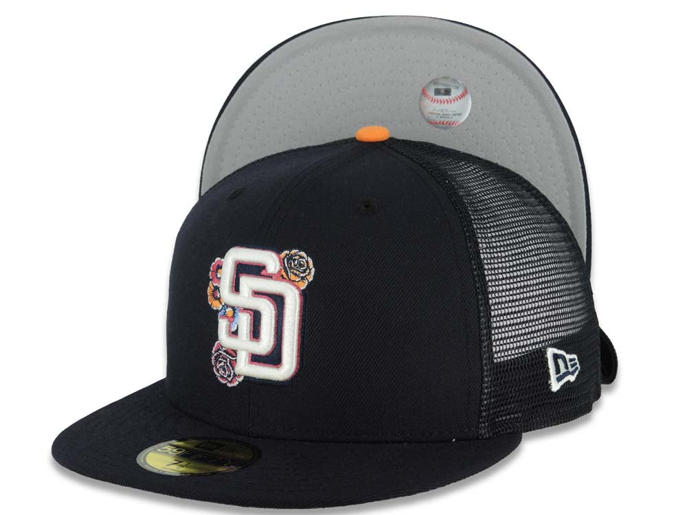 San Diego Padres New Era MLB 59FIFTY 5950 Fitted Mesh Trucker Cap Hat Navy Blue Crown/Visor White/Pink Logo (2026 City Connect Batting Practice)