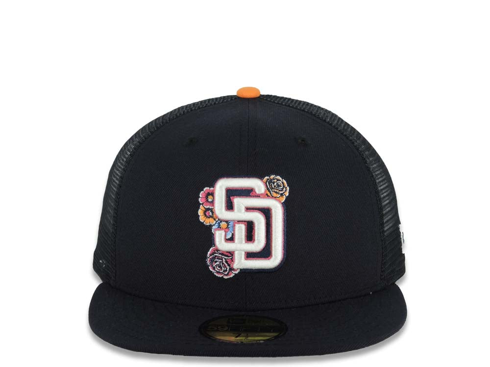 San Diego Padres New Era MLB 59FIFTY 5950 Fitted Mesh Trucker Cap Hat Navy Blue Crown/Visor White/Pink Logo (2026 City Connect Batting Practice)