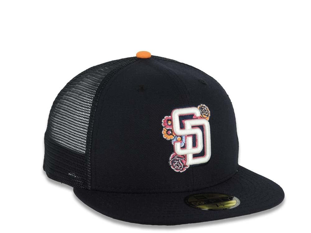 San Diego Padres New Era MLB 59FIFTY 5950 Fitted Mesh Trucker Cap Hat Navy Blue Crown/Visor White/Pink Logo (2026 City Connect Batting Practice)