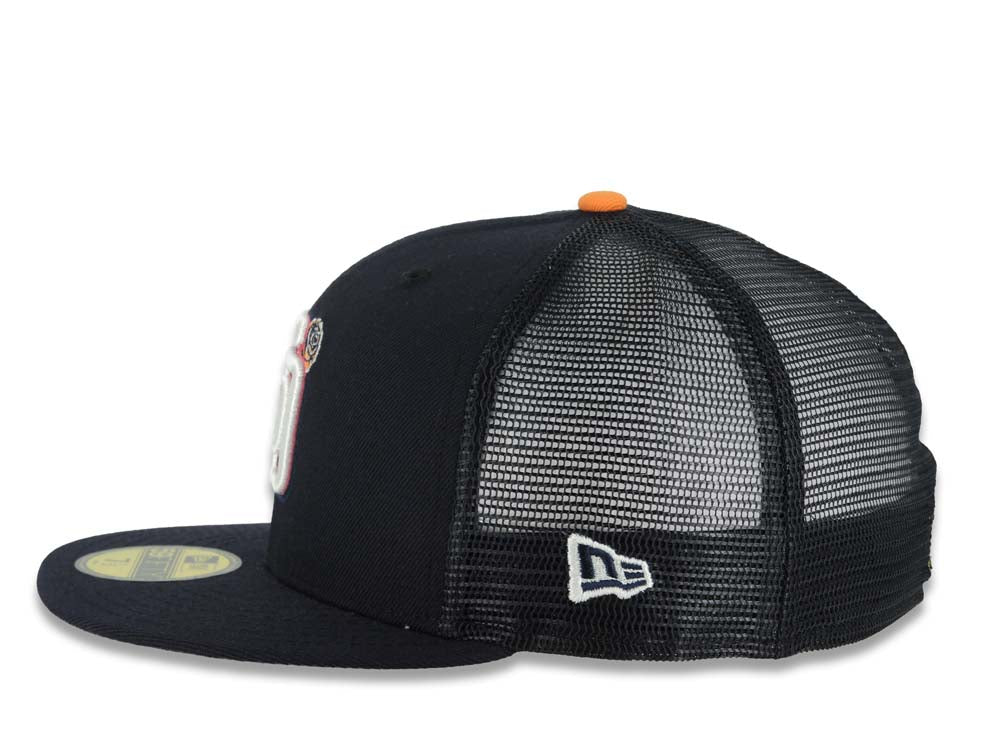 San Diego Padres New Era MLB 59FIFTY 5950 Fitted Mesh Trucker Cap Hat Navy Blue Crown/Visor White/Pink Logo (2026 City Connect Batting Practice)