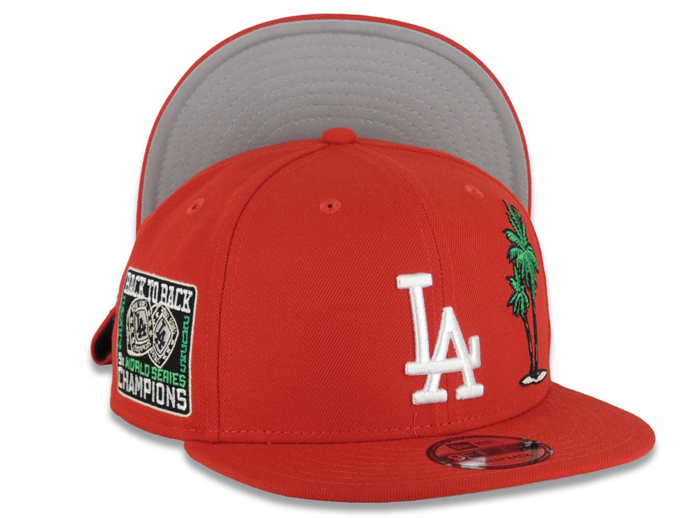 Los Angeles Dodgers New Era MLB 9FIFTY 950 Snapback Cap Hat Red Crown/Visor White Logo With Palm Back To Back 9x World Series Champions Side Patch