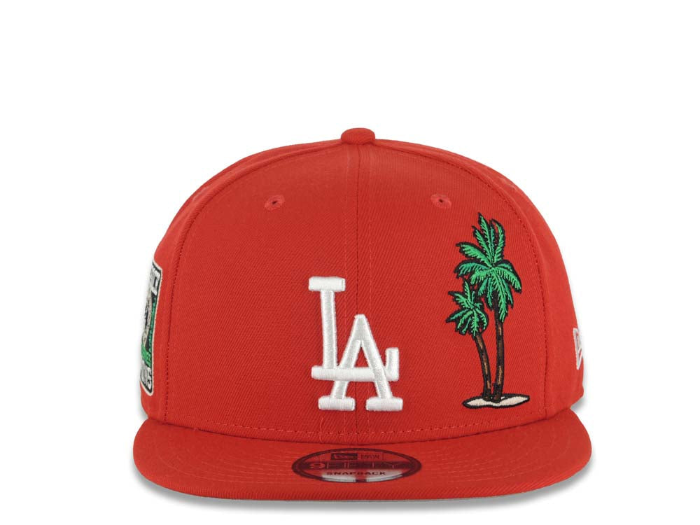 Los Angeles Dodgers New Era MLB 9FIFTY 950 Snapback Cap Hat Red Crown/Visor White Logo With Palm Back To Back 9x World Series Champions Side Patch