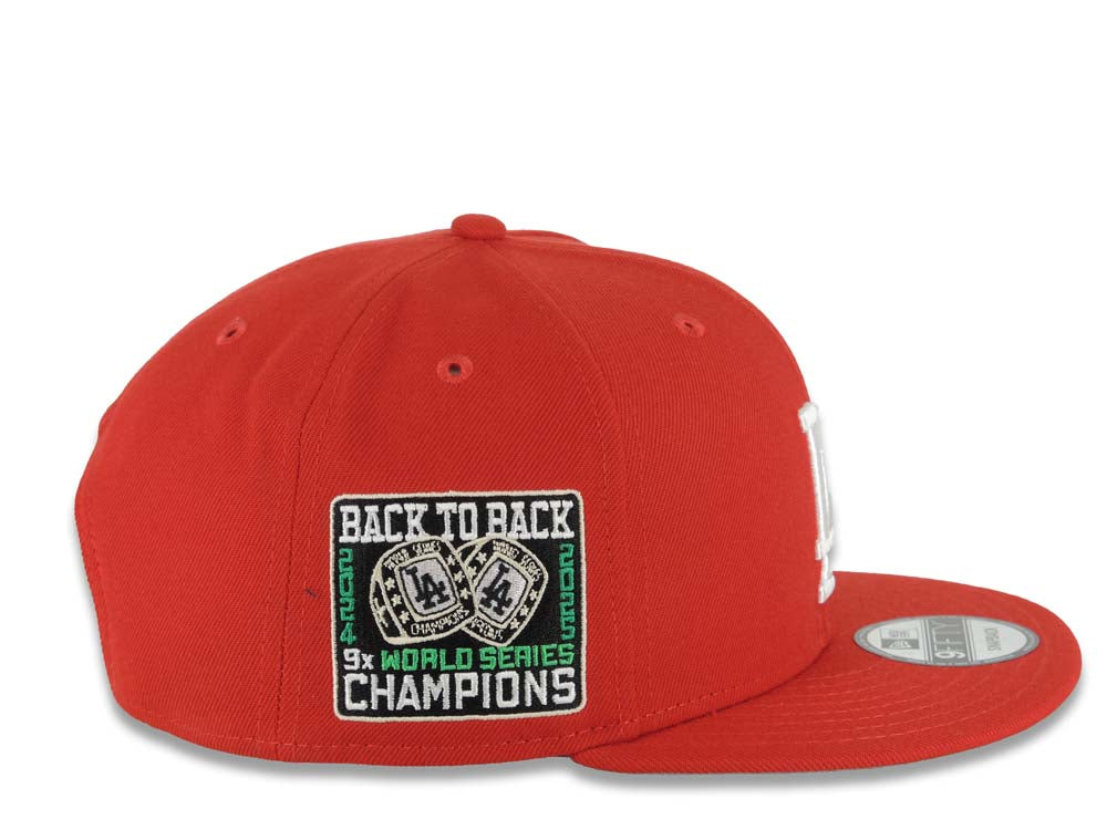 Los Angeles Dodgers New Era MLB 9FIFTY 950 Snapback Cap Hat Red Crown/Visor White Logo With Palm Back To Back 9x World Series Champions Side Patch