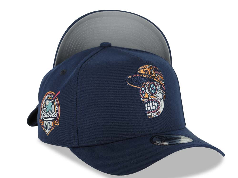San Diego Padres New Era MLB 9FORTY 940 Adjustable A-Frame Cap Hat Navy Blue Crown/Visor Sugar Skull Logo 40th Anniversary Side Patch Gray UV