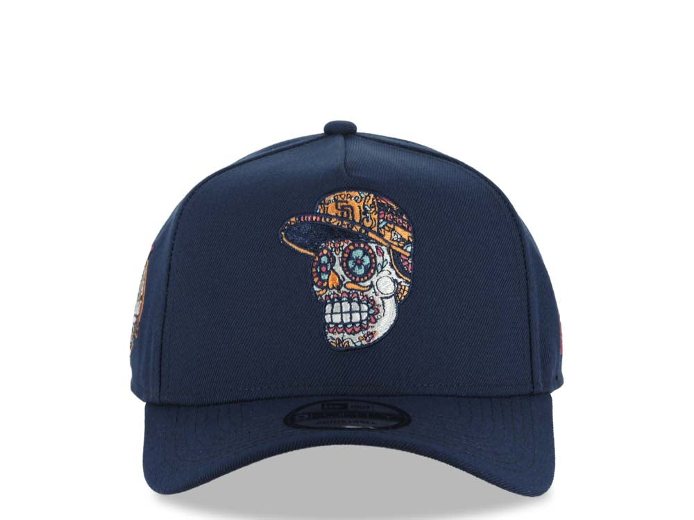 San Diego Padres New Era MLB 9FORTY 940 Adjustable A-Frame Cap Hat Navy Blue Crown/Visor Sugar Skull Logo 40th Anniversary Side Patch Gray UV