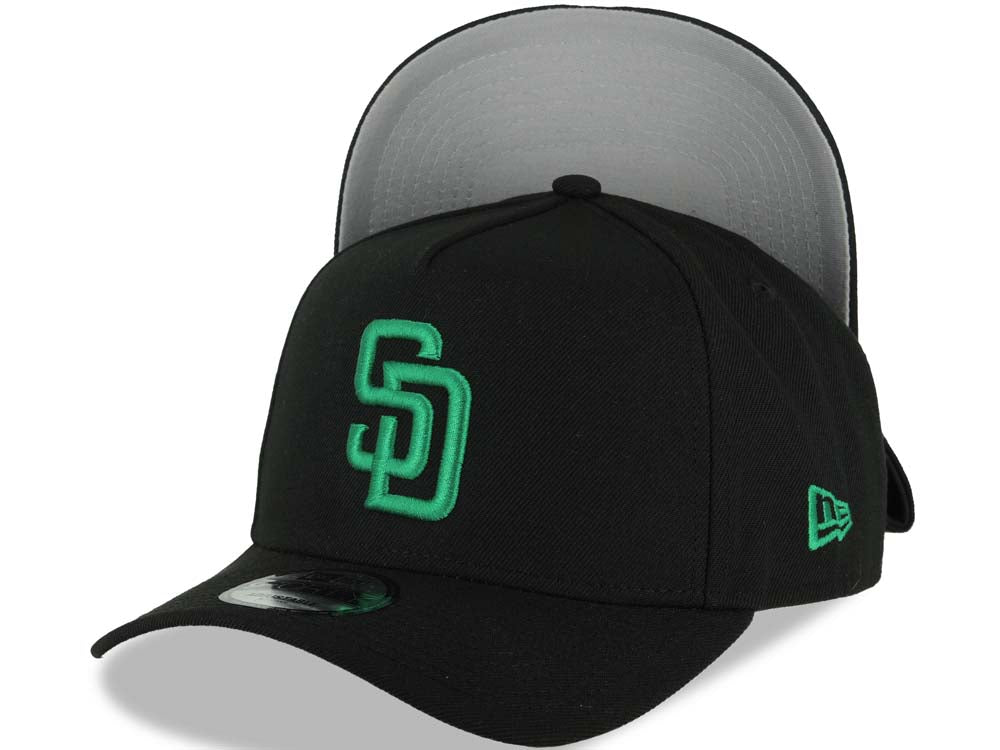 San Diego Padres New Era MLB 9FORTY 940 Adjustable A-Frame Cap Hat Black Crown/Visor Green Logo Gray UV