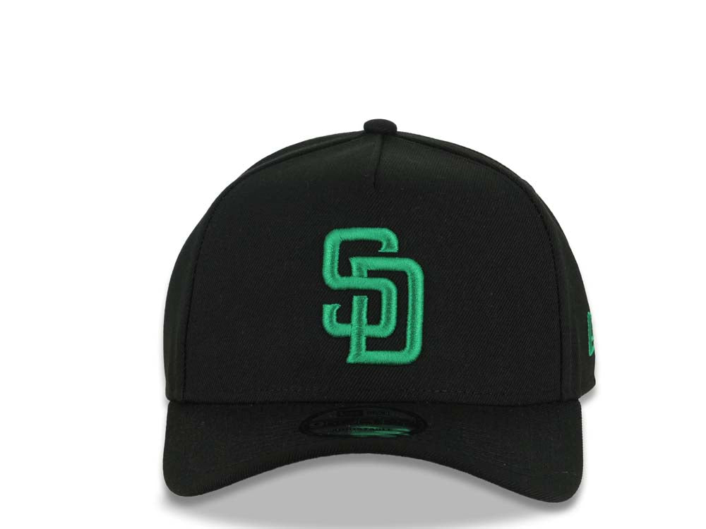 San Diego Padres New Era MLB 9FORTY 940 Adjustable A-Frame Cap Hat Black Crown/Visor Green Logo Gray UV