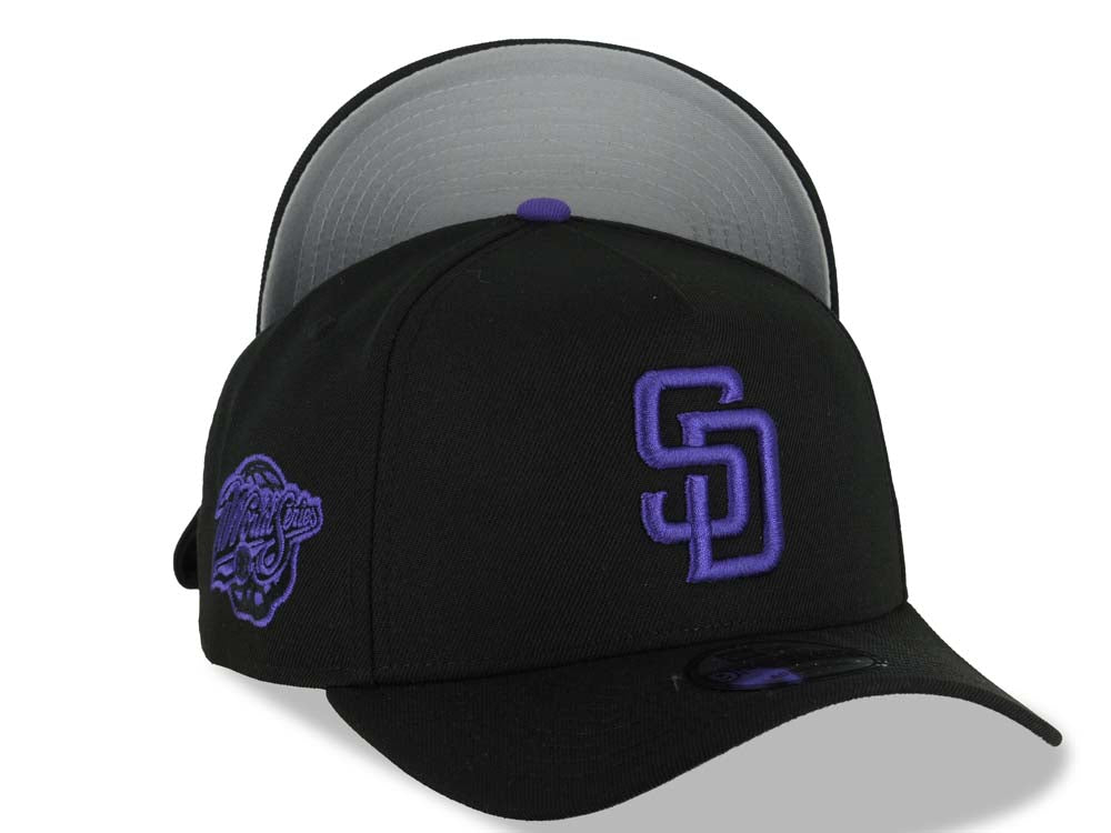 San Diego Padres New Era MLB 9FORTY 940 Adjustable A-Frame Cap Hat Black Crown/Visor Purple Logo 1998 World Series Side Patch Gray UV
