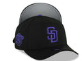 San Diego Padres New Era MLB 9FORTY 940 Adjustable A-Frame Cap Hat Black Crown/Visor Purple Logo 1998 World Series Side Patch Gray UV