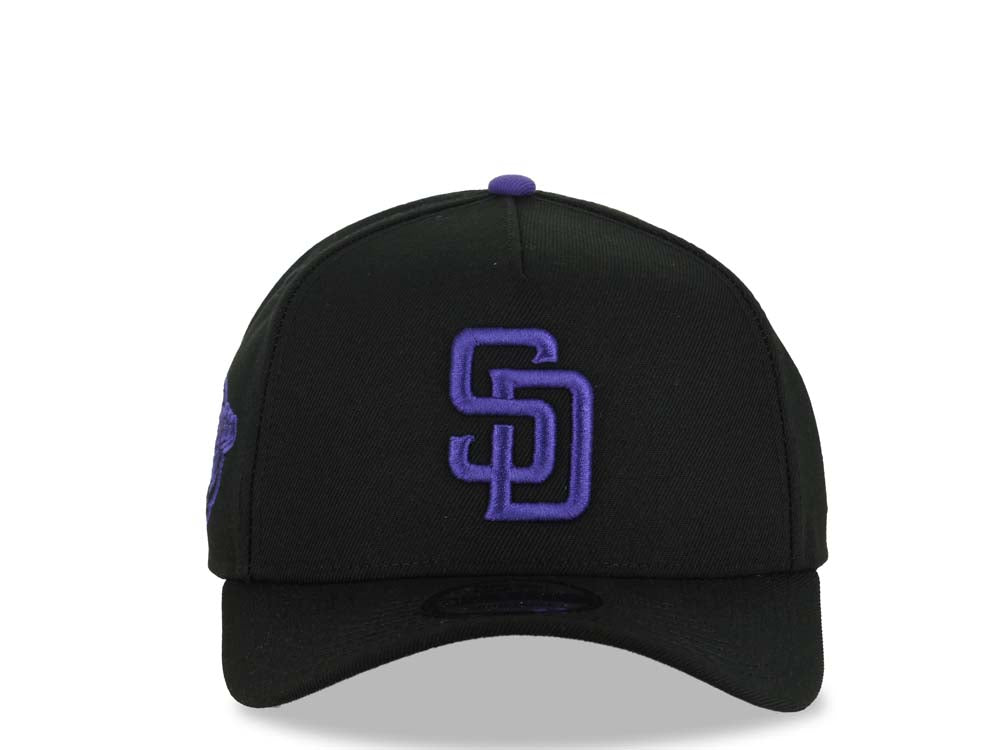 San Diego Padres New Era MLB 9FORTY 940 Adjustable A-Frame Cap Hat Black Crown/Visor Purple Logo 1998 World Series Side Patch Gray UV