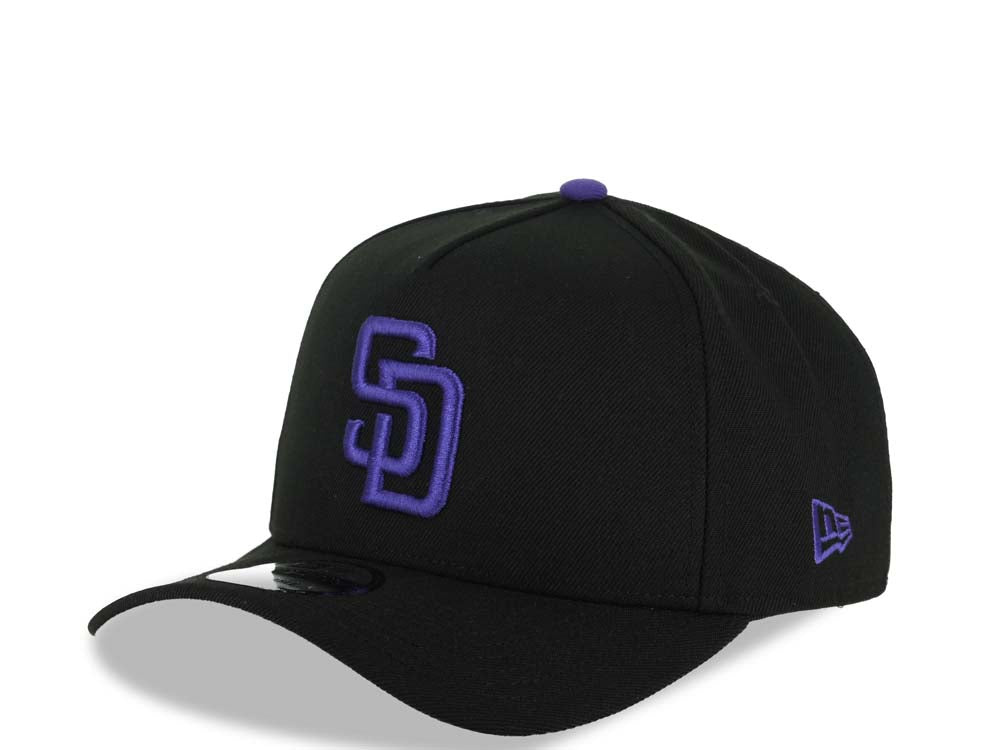 San Diego Padres New Era MLB 9FORTY 940 Adjustable A-Frame Cap Hat Black Crown/Visor Purple Logo 1998 World Series Side Patch Gray UV