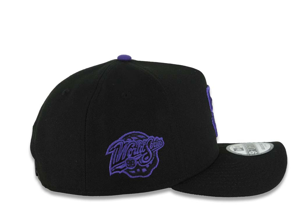 San Diego Padres New Era MLB 9FORTY 940 Adjustable A-Frame Cap Hat Black Crown/Visor Purple Logo 1998 World Series Side Patch Gray UV