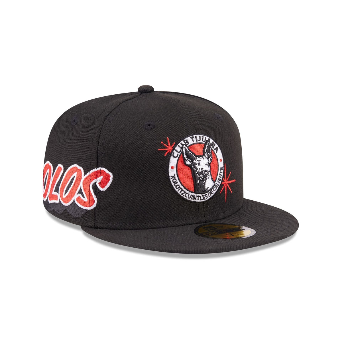 Xolos de Tijuana New Era Liga MX 59FIFTY 5950 Fitted Cap Hat Black Crown/Visor Team Color Logo Xolos Script Side Patch Gray UV