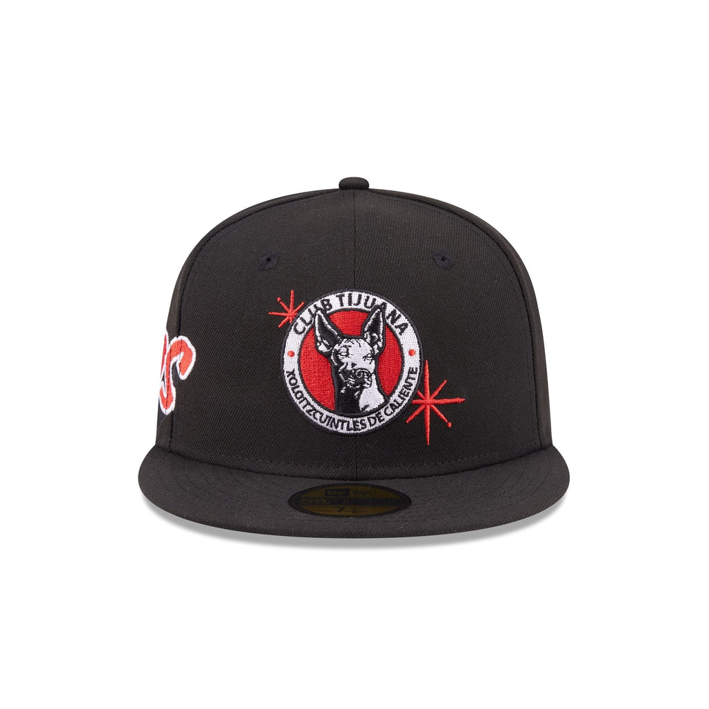 Xolos de Tijuana New Era Liga MX 59FIFTY 5950 Fitted Cap Hat Black Crown/Visor Team Color Logo Xolos Script Side Patch Gray UV